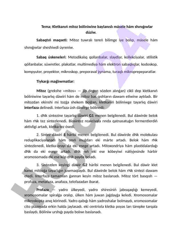 Kletkanıń mitoz bóliniwi hám shınıǵıwlar dúziw