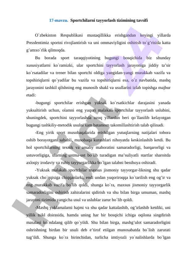 Sportchilarni tayyorlash tizimining tavsifi