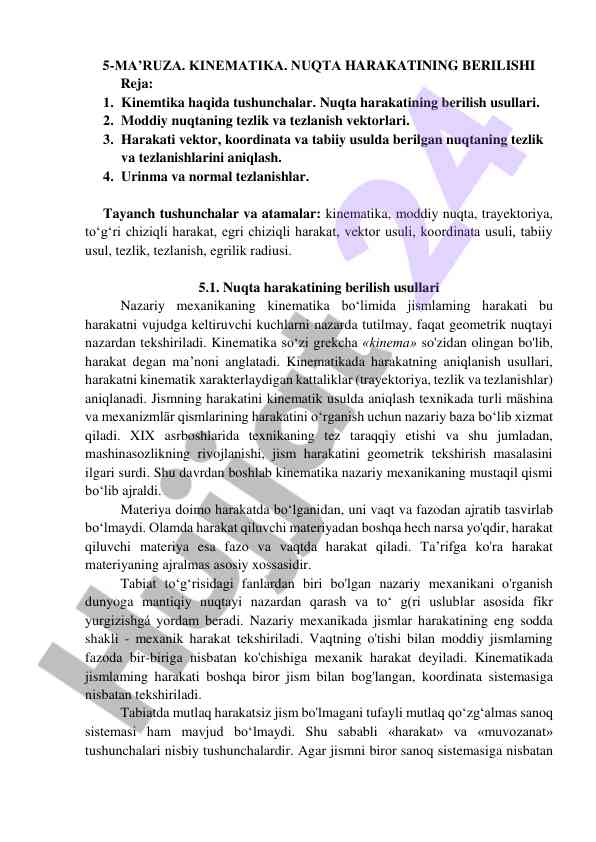 Kinematika va nuqta harakatining berilishi