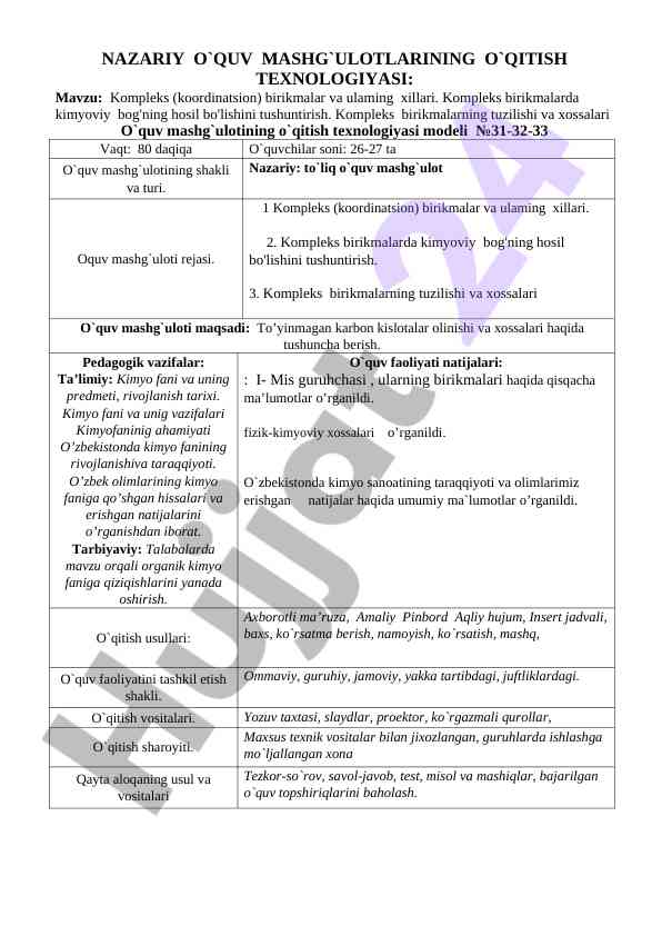 Kompleks birikmalar o`qitish texnologiyasi