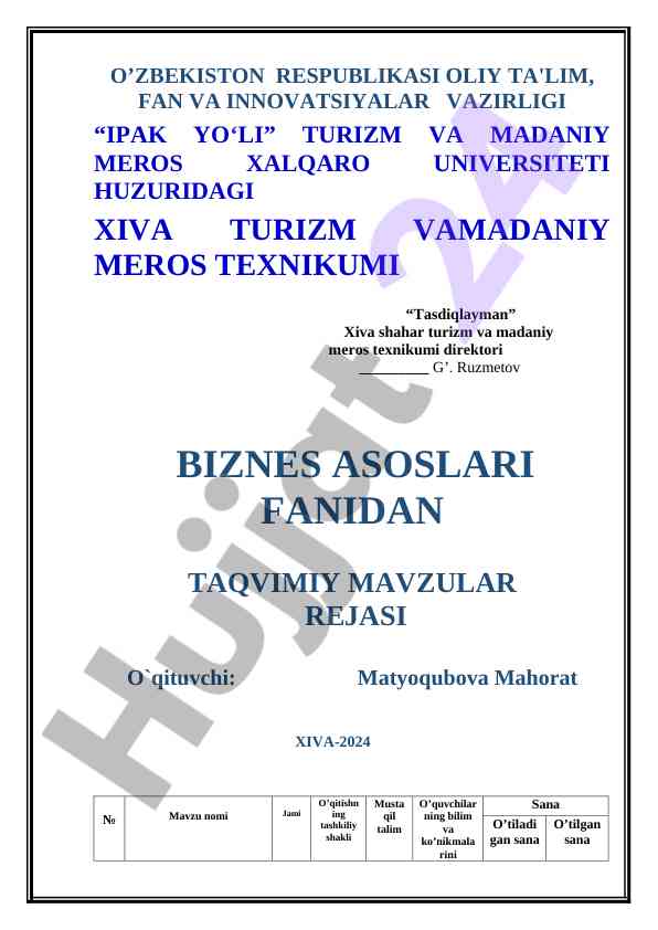 Biznes asoslari fanidan ta'lim rejasi
