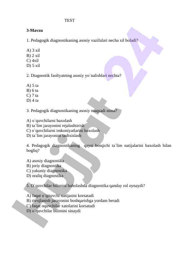 Pedagogik diagnostikaning asosiy vazifalari va maqsadi