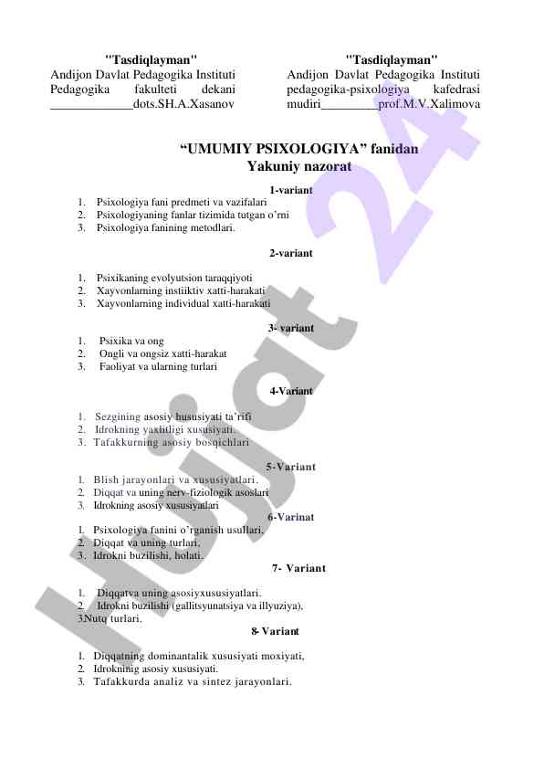 Umumiy psixologiya fanidan yakuniy nazorat variantlari