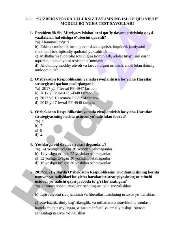 O'zbekistonda uzluksiz ta'limning isloh qilinishi test