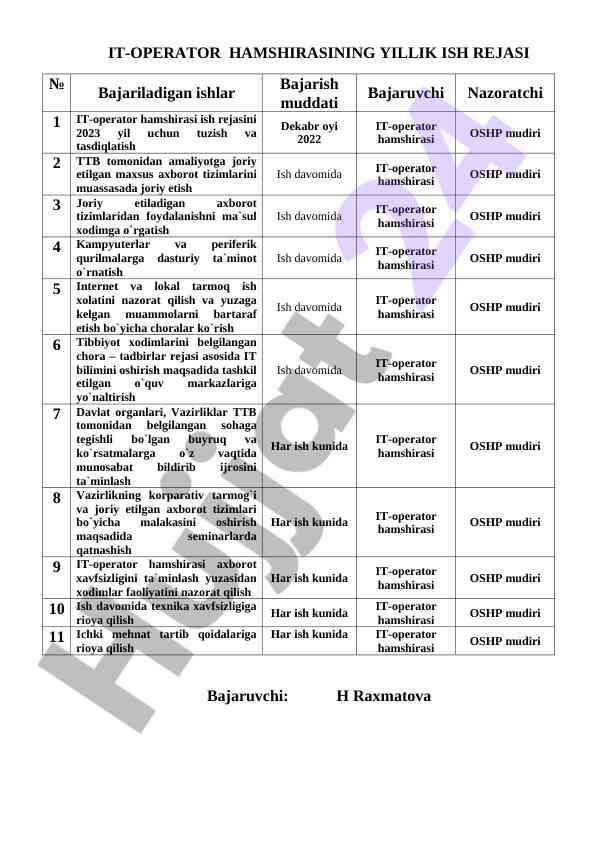 It-operator hamshirasining yillik ish rejasi