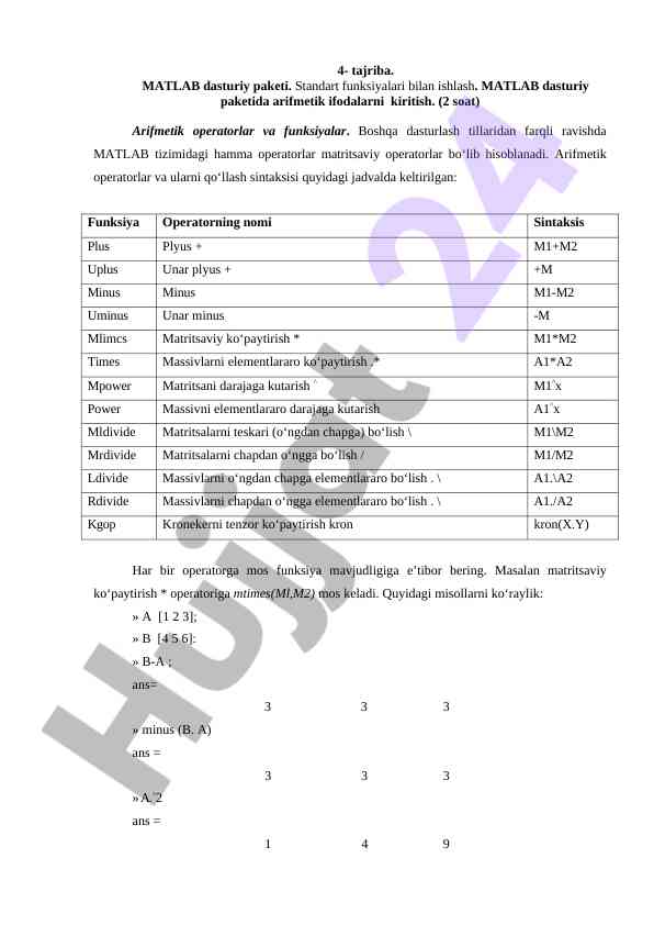 Matlab dasturiy paketida arifmetik operatorlar