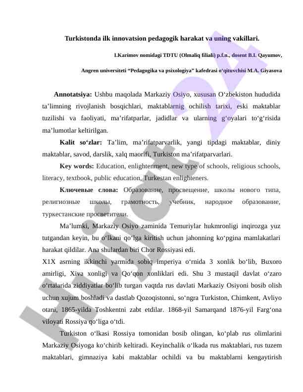 Turkistonda innovatsion pedagogik harakatlar