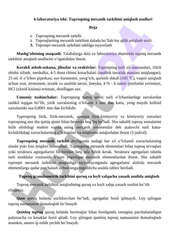 Tuproqning mexanik tarkibini aniqlash usullari