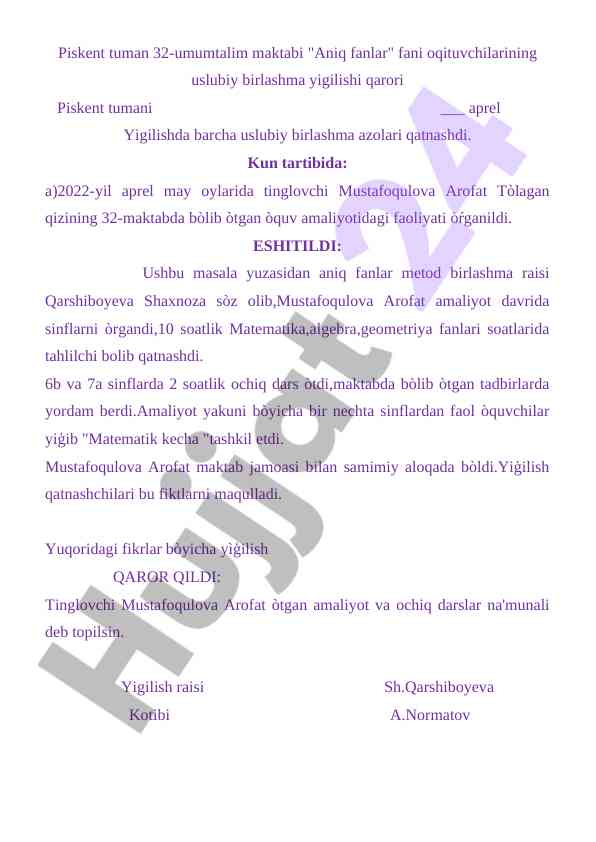 Piskent maktabida aniq fanlar o'quv amaliyoti tahlili