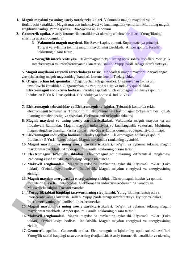 Magnit maydoni va uning asosiy xarakteristikalari