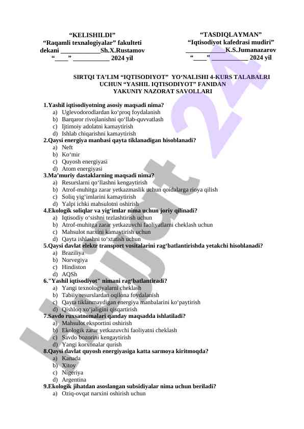 Yashil iqtisodiyot fanidan yakuniy nazorat savollari