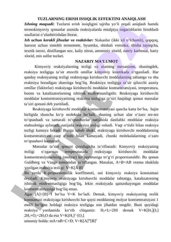 Tuzlarning erish issiqlik effektini aniqlash tajribasi