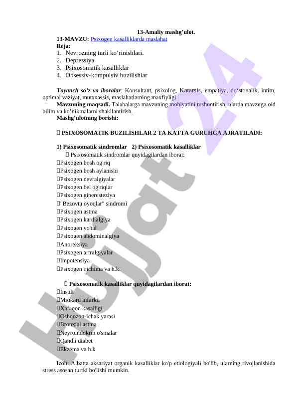 Psixogen kasalliklarda maslahat va reja