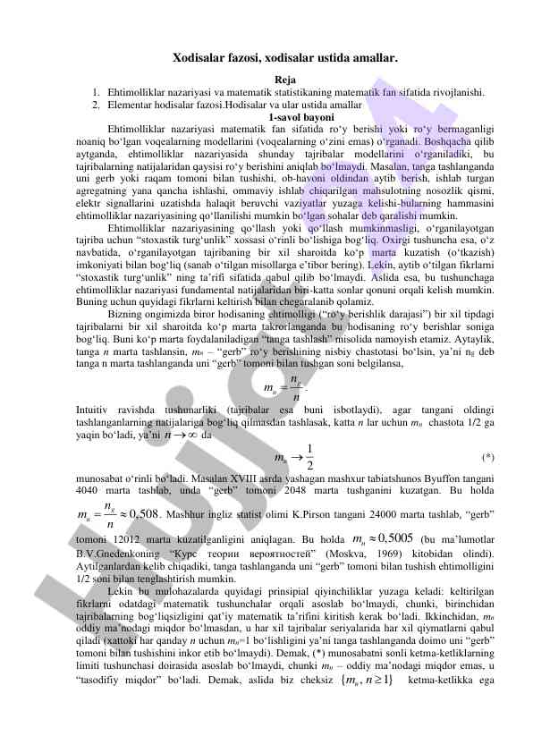 Ehtimolliklar nazariyasi va statistik fandagi rivojlanish