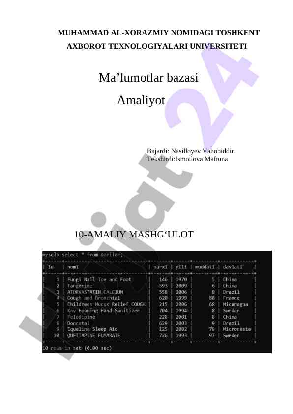 Ma’lumotlar bazasi amaliyot o‘quvi