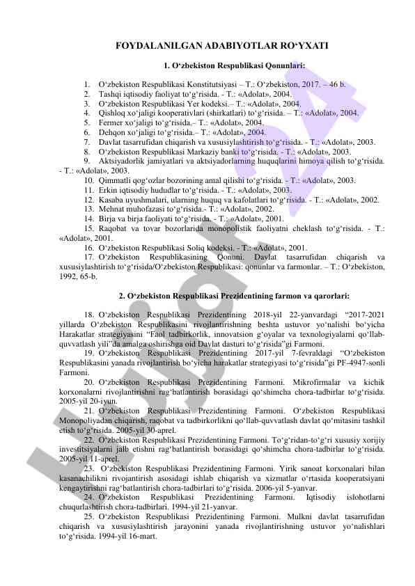 Oʻzbekiston respublikasi qonunlari foydalanilgan adabiyotlar