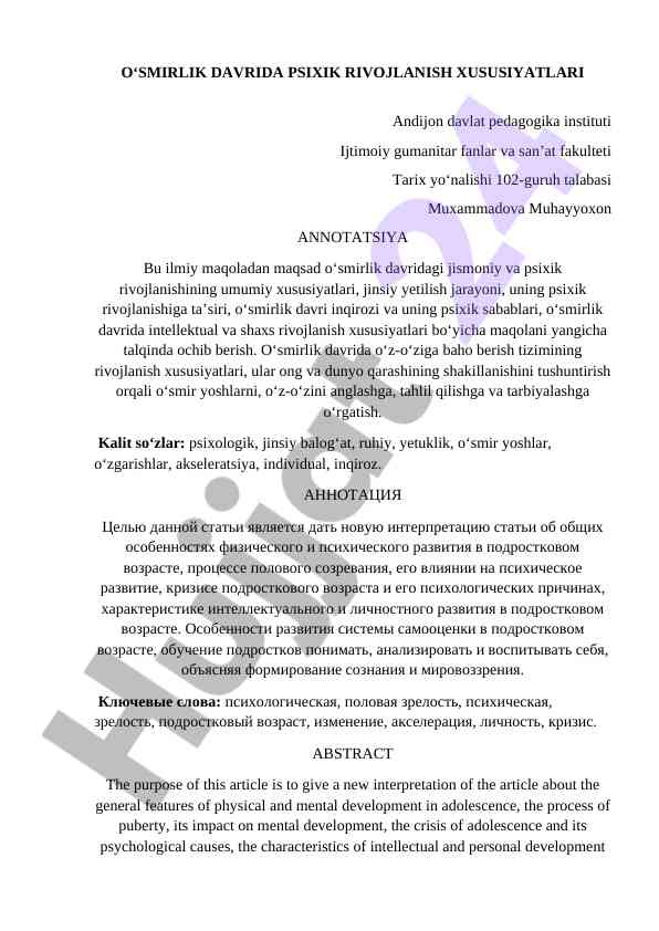 O‘smirlik davridagi psixik rivojlanish xususiyatlari