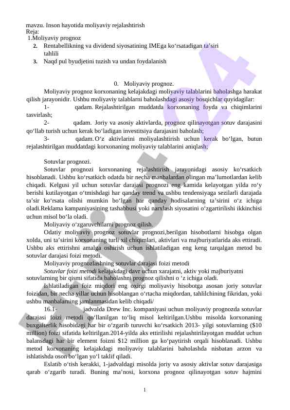 Moliyaviy rejalashtirish va prognoz tahlili