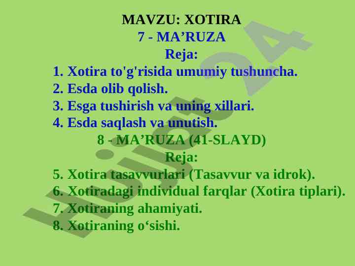 Xotira tushunchalari va hozirgi o'qitilish usullari