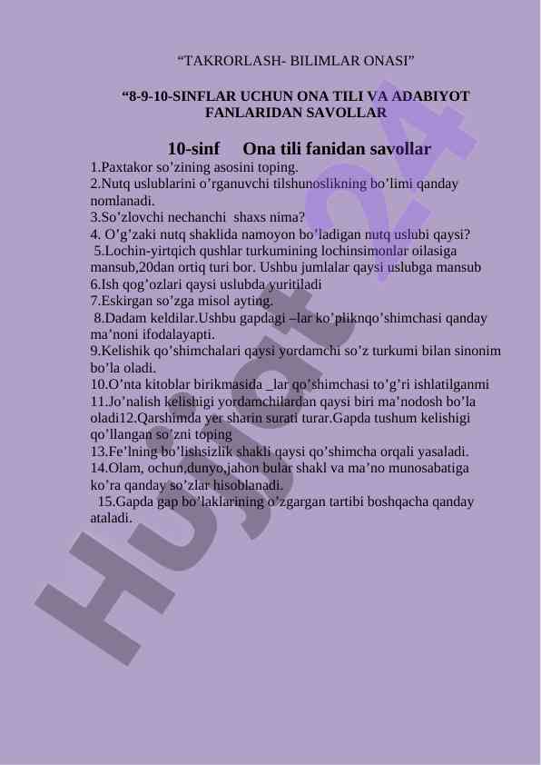 Ona tili va adabiyot fanidan savollar