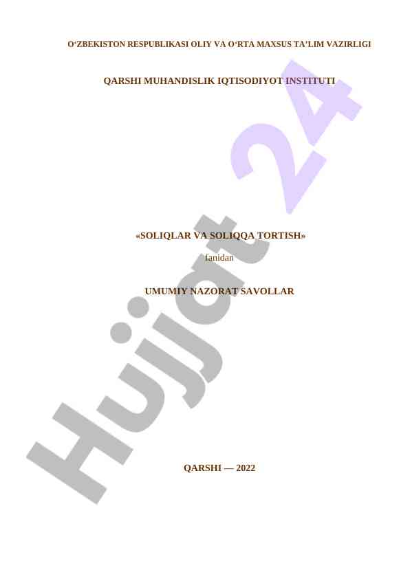 Soliqlar va soliqqa tortish nazorat savollari 2022