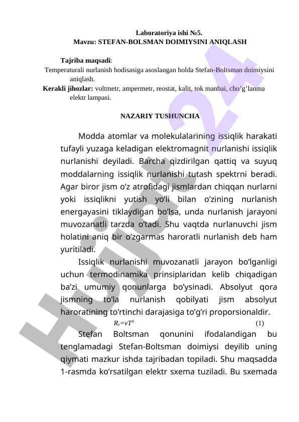 Stefan-boltsman doimiyligini aniqlash laboratoriya ish