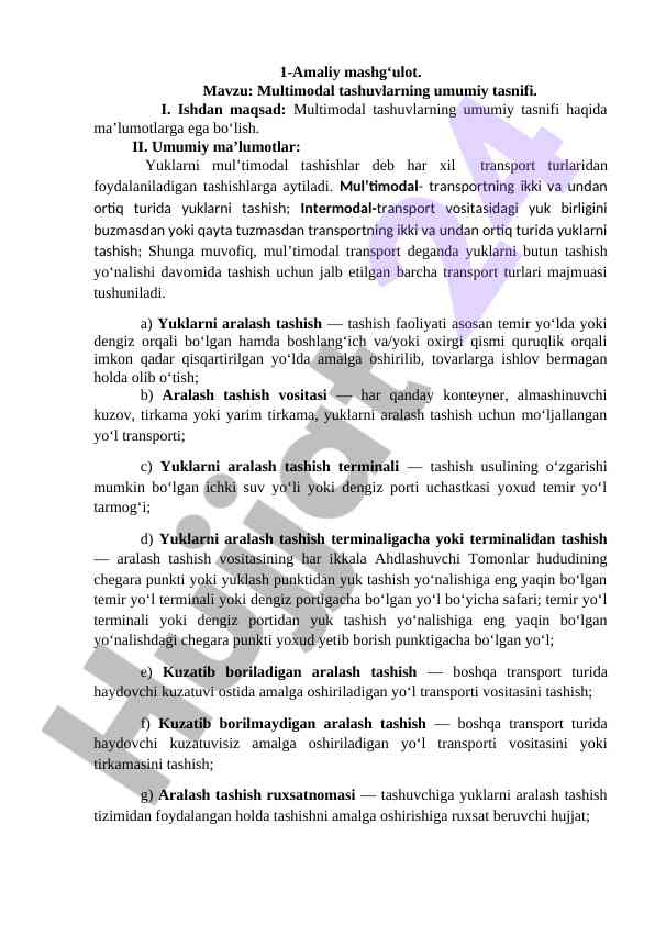 Multimodal tashuvlarning umumiy tasnifi