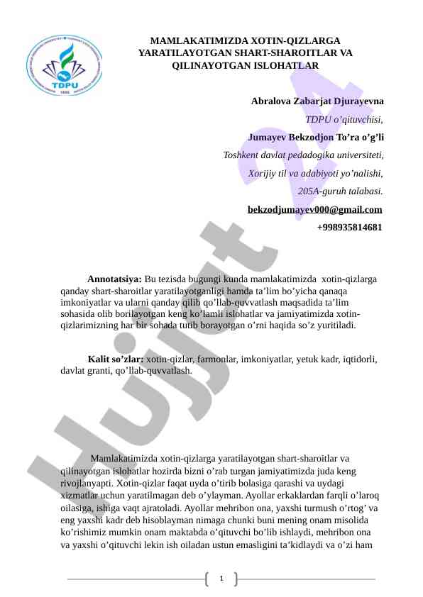Xotin-qizlarga yaratuvchi shart-sharoitlar haqida