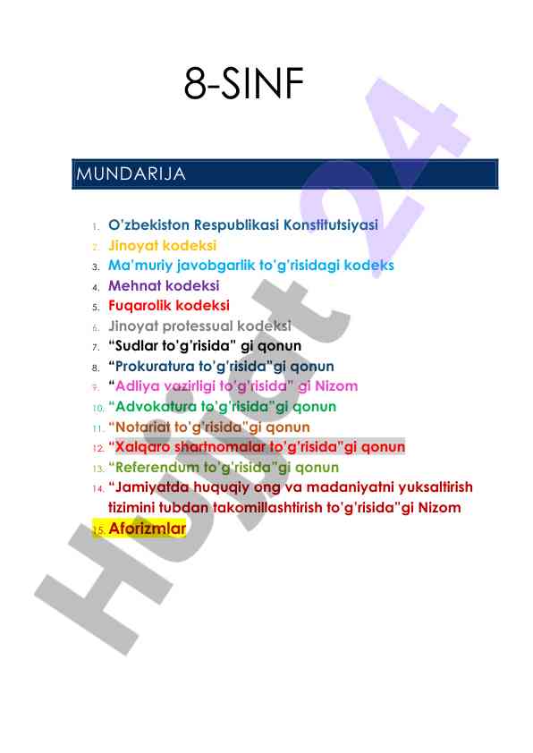 8-sinf mundarija va qonunlar ro‘yxati