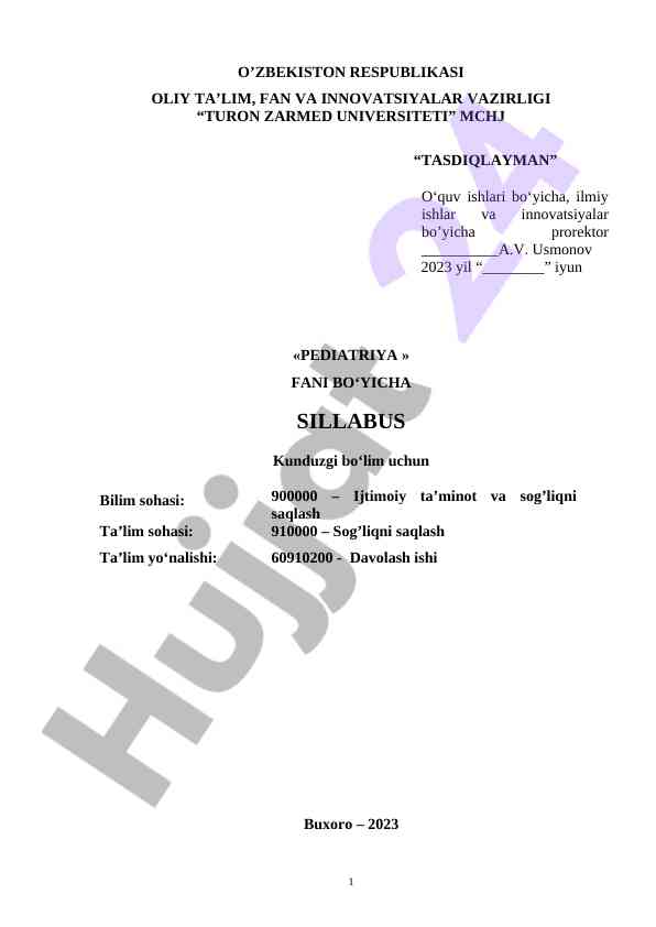 Pediatriya fani bo‘yicha syllabus 2023
