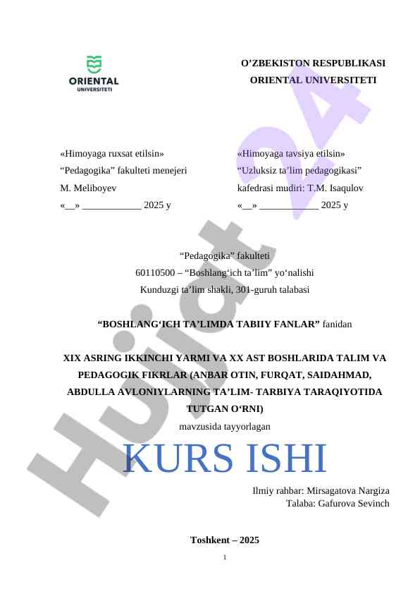 Boshlang‘ich ta’limda tabiy fanlar kurs ishlari