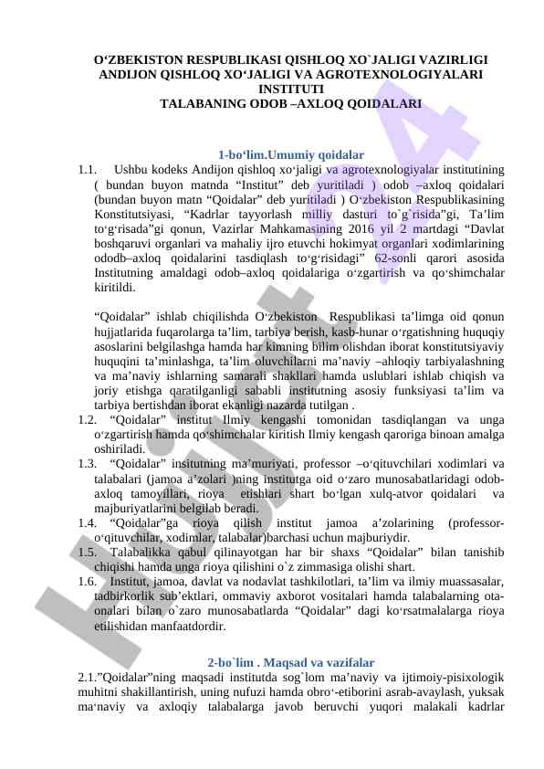 Andijon qishloq xo‘jaligi institutining o‘qitish qoidalari