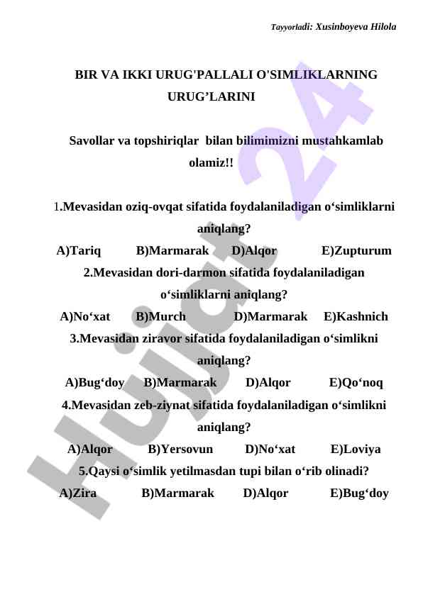Bir va ikki urug'pallali o'simliklar bilimlarga qaratilgan