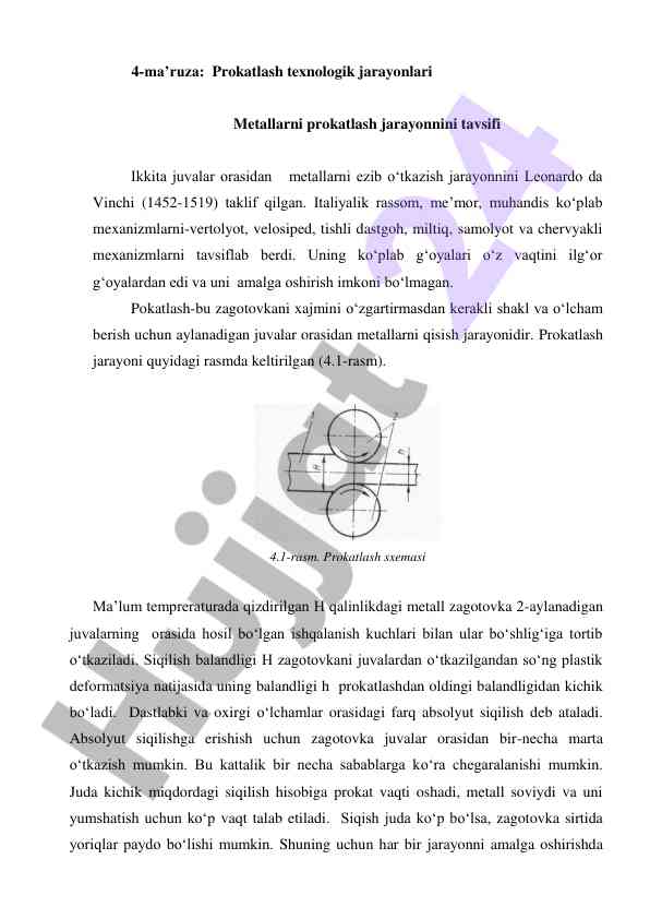 Prokatlash texnologik jarayonlari tavsifi