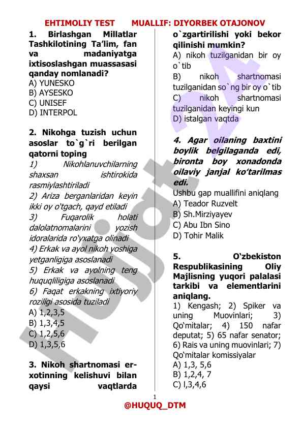 Ehtimoli test savollari va javoblari