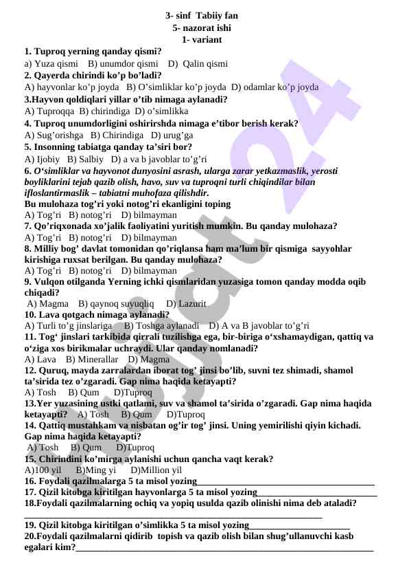 Tabiiy fan 3-sinf nazorat ishlari savollari