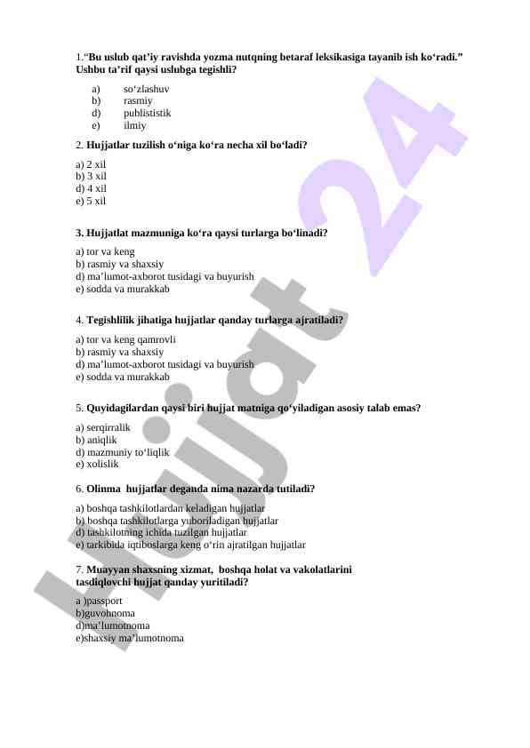 Hujjat turlari haqida test savollari
