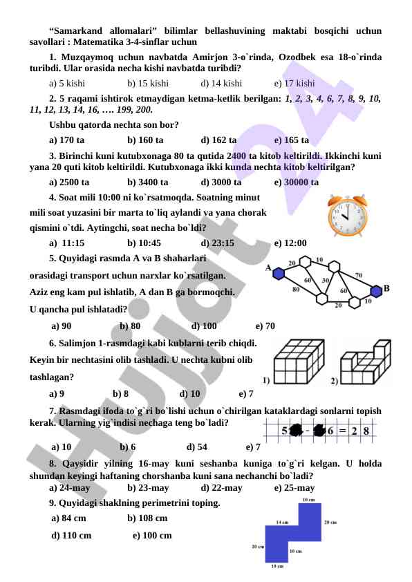 Matematika 3-4-sinflar uchun savollar