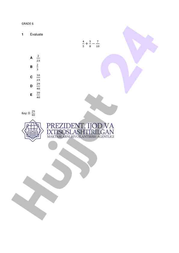 Mathematics evaluation key for grade 6