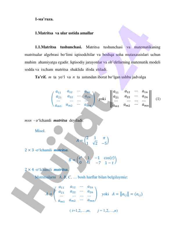 Matritsa tushunchasi va ustida amallar