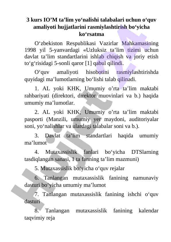 O‘quv amaliyoti hujjatlarini rasmiylashtirish ko‘rsatmasi