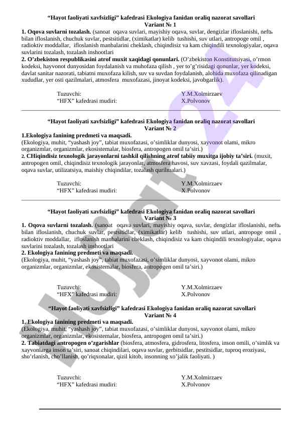 Oqova suvlarni tozalash va ekologiya savollari