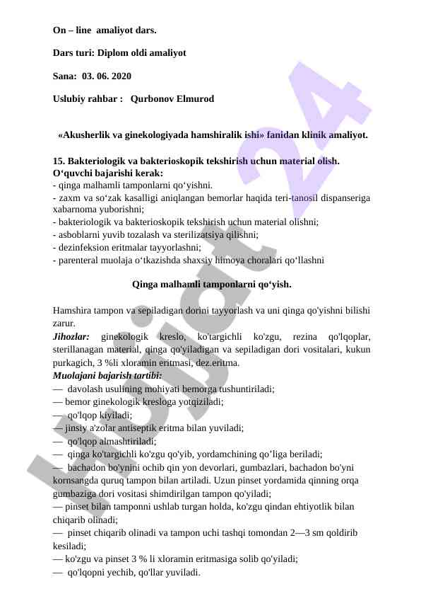 Akusherlik va ginekologiyada amaliyot darsi