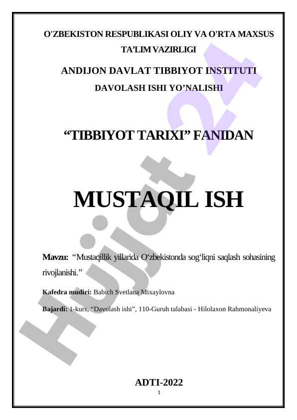 Sog'liqni saqlash sohasining rivojlanishi o'zbekistonda