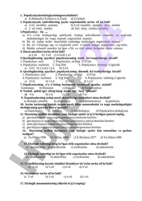 Populyasiyalarning ekologiyasi va taqsimlanish ko'rsatkichlari