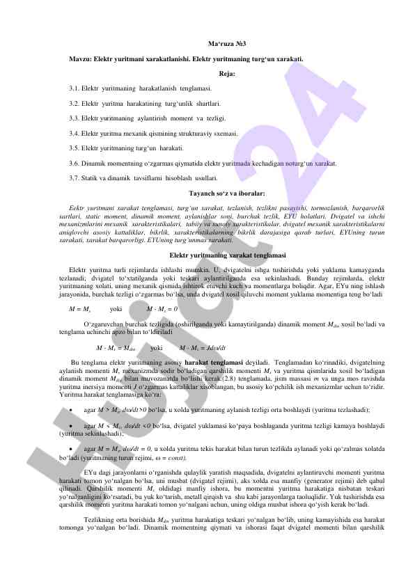 Elektr yuritmani xarakatlanishi bo'yicha ma'ruza