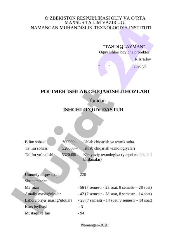 Polimer ishlab chqarish jihozlari o‘quv dasturi