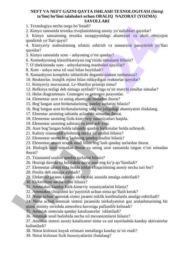 Neft va neft gazni qayta ishlash savollari