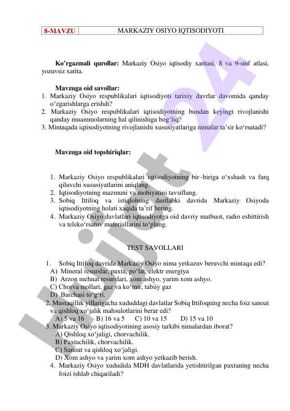 Markaziy osiyo iqtisodiyoti va rivojlanishi