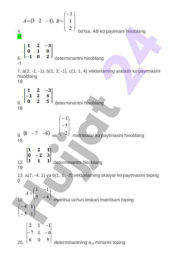 Matematika bo‘yicha vektorlar va matritsa hisoblash